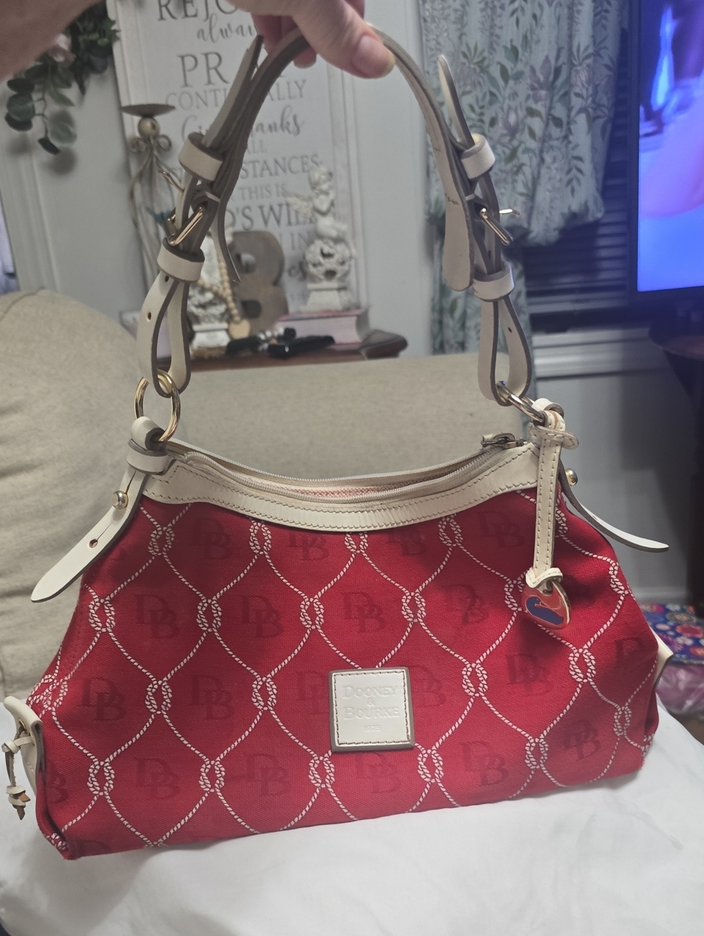 Dooney & Bourke Red Logo Jacquard Shoulder Bag with Cream Trim